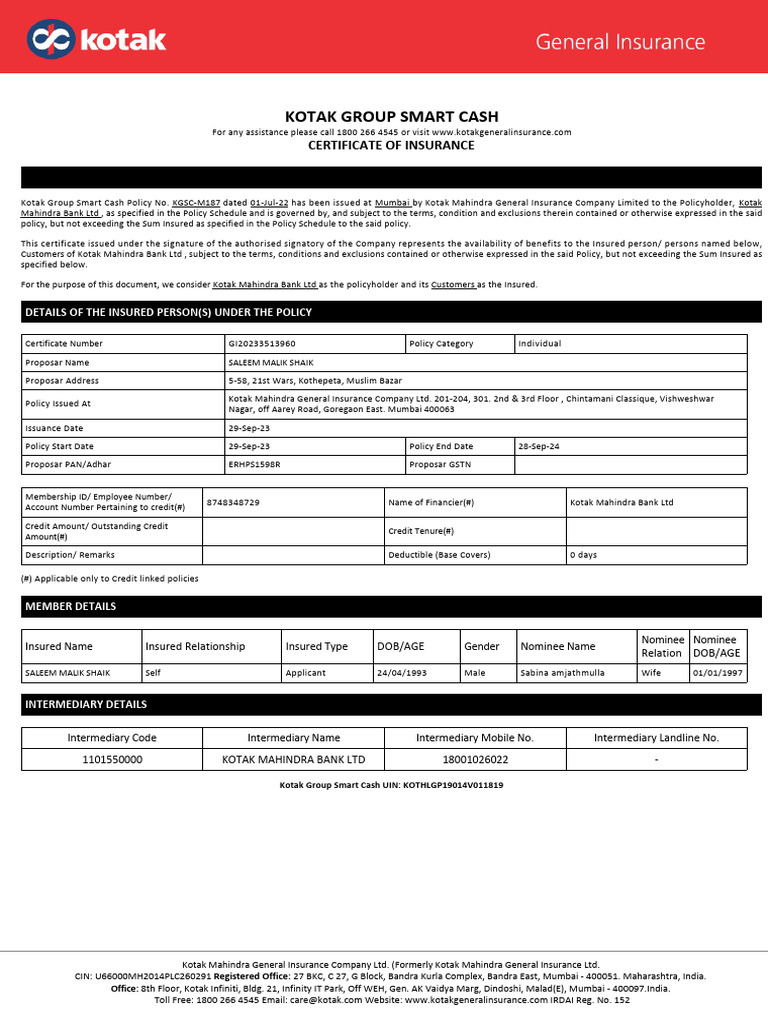 Kotak Group Smart Cash Insurance Details | PDF | Insurance | Government ...