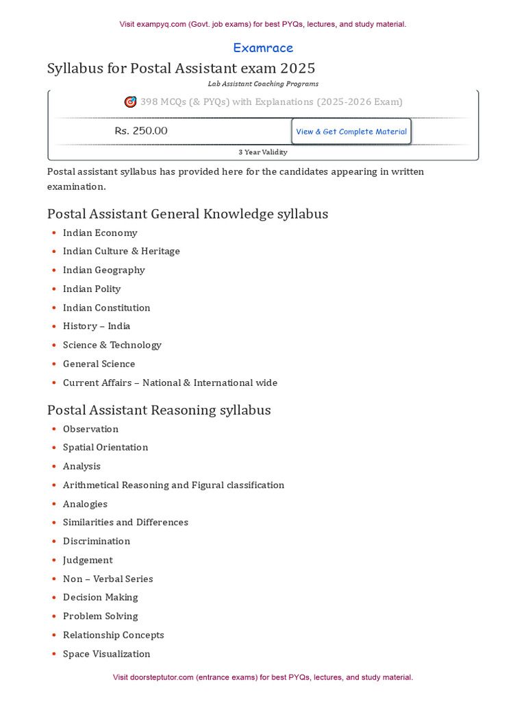 Postal Assistant Exam Syllabus 2025 | PDF | Mathematics | Ratio