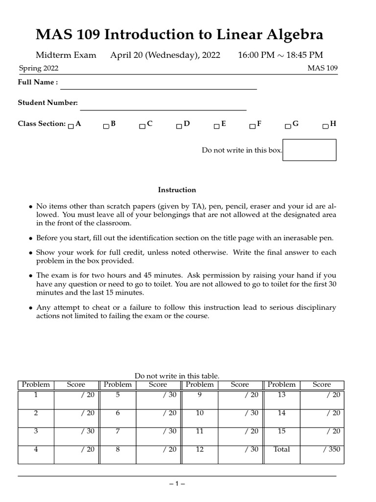 MAS 109 Linear Algebra Midterm Exam | PDF | Eigenvalues And ...