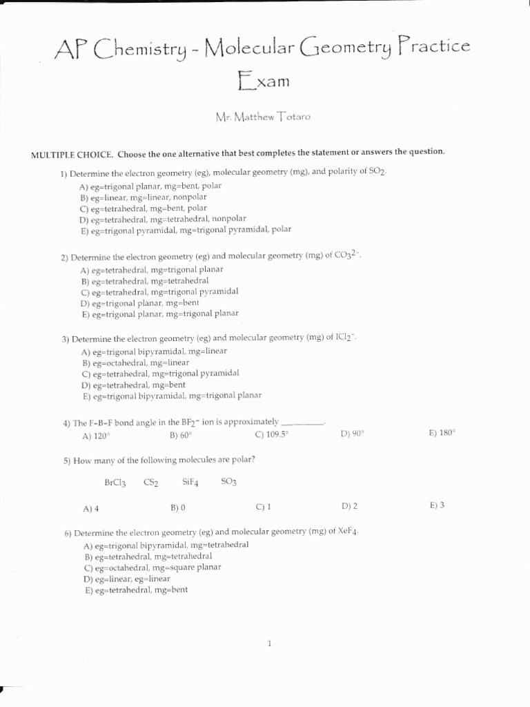 AP Chemistry Molecular Geometry Exam | PDF | Chemical Polarity | Carbon