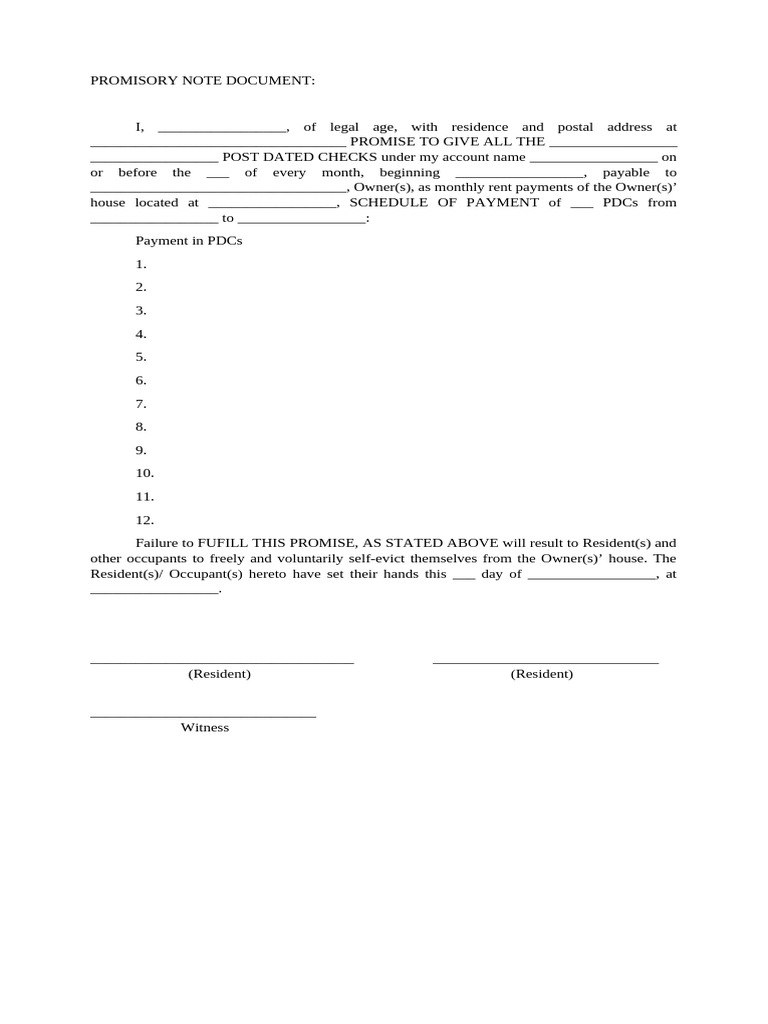 Promissory Note for Rent Payments | PDF
