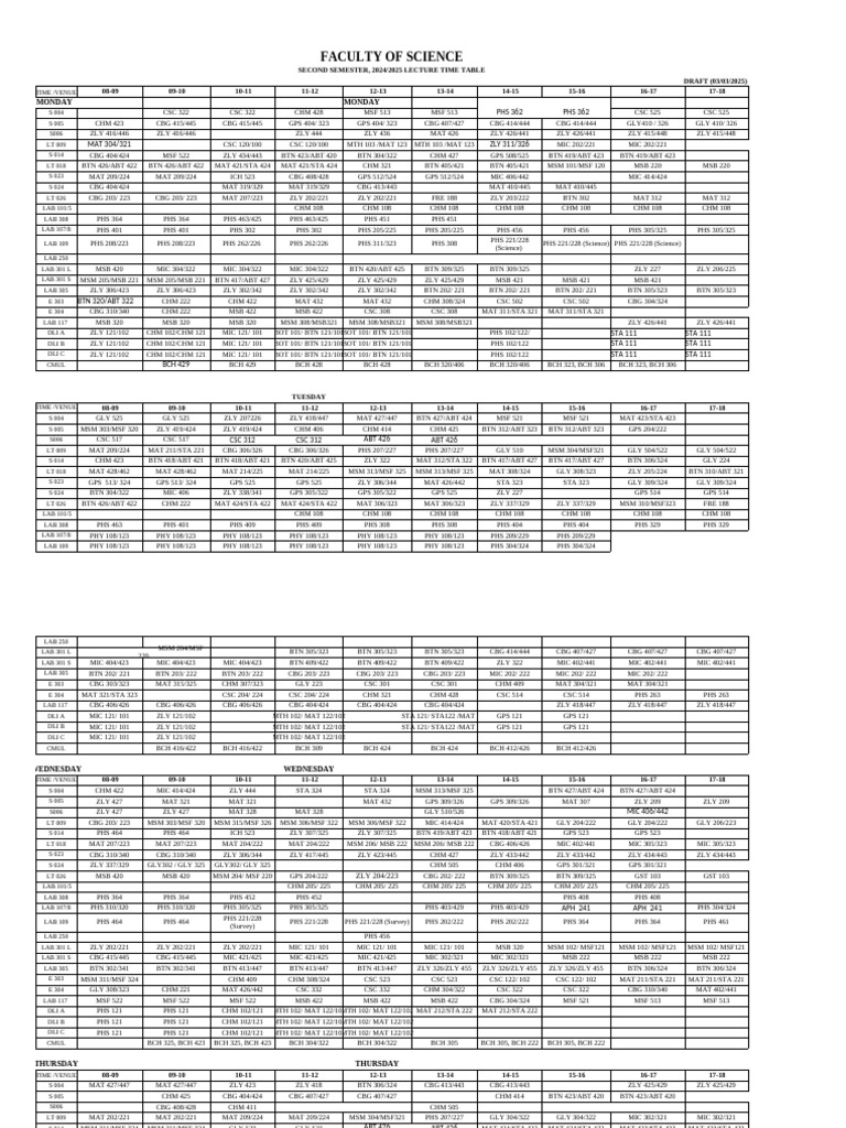2024/2025 Science Faculty Timetable | PDF