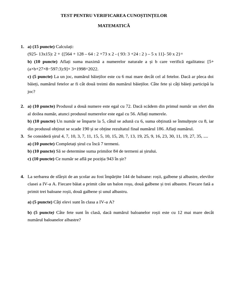 Test Mate Admitere Clasa 5 | PDF