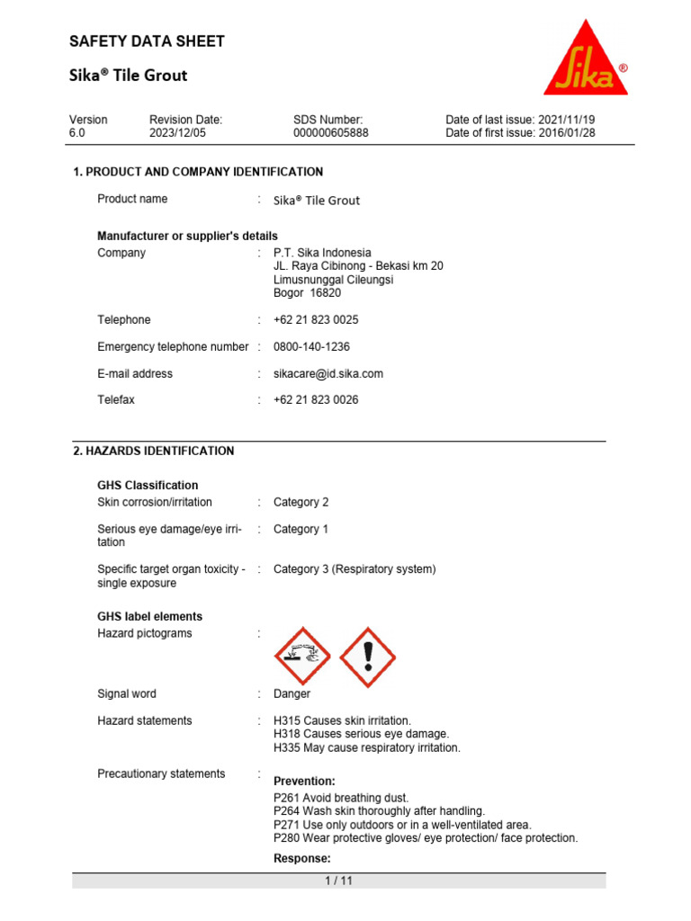 Sika Tile Grout Safety Data Sheet | PDF | Chemistry | Occupational ...