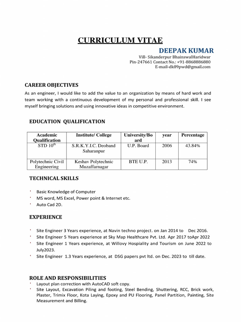 Deepak Kumar Resume Civill | PDF