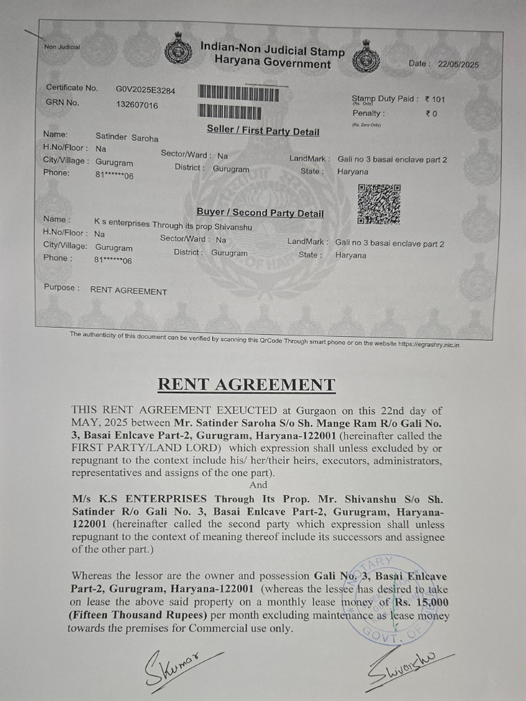Rent Agreement - Satinder | PDF