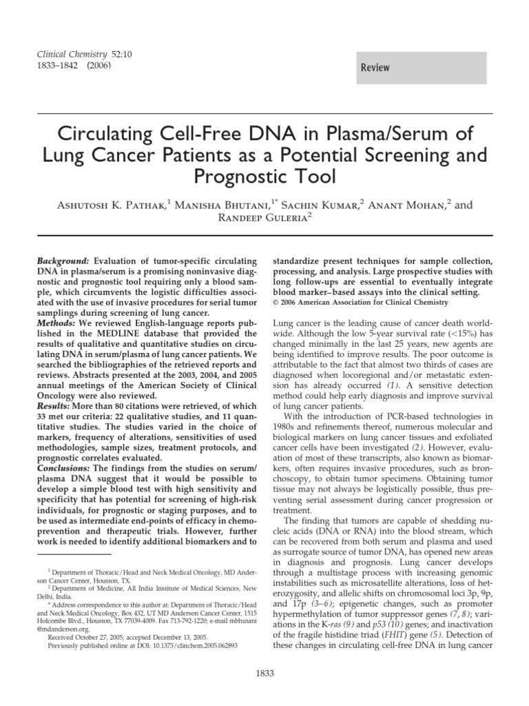 Cell-Free DNA as Lung Cancer Biomarker | PDF | Cancer | Real Time ...