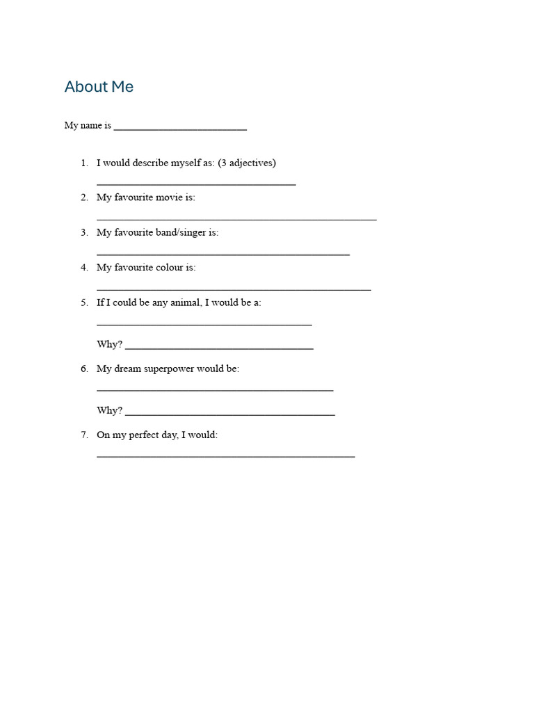 About Me - Questionnaire | PDF