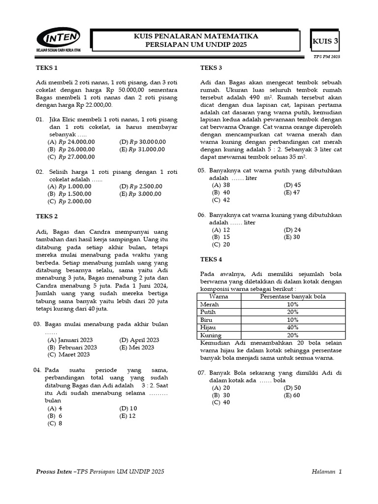 Kuis Matematika UM UNDIP 2025 | PDF