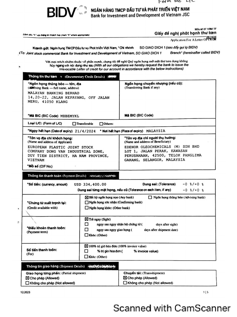 LC Applicant MT700 Sample | PDF