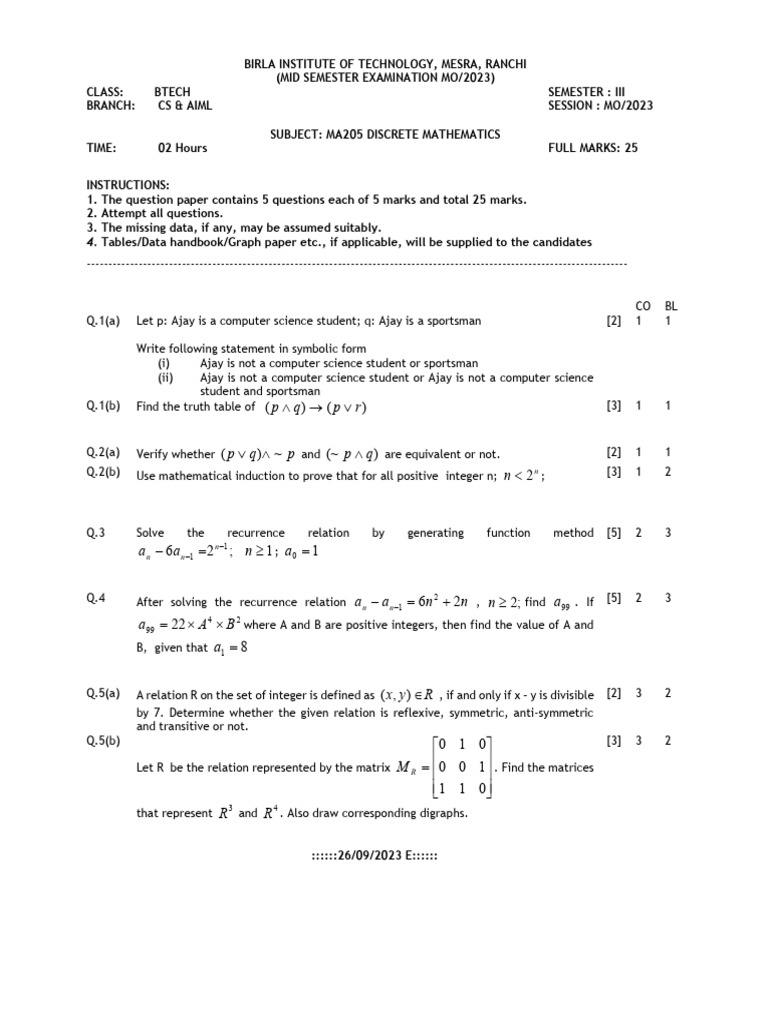 BTech Discrete Mathematics Exam Paper | PDF | Matrix (Mathematics ...