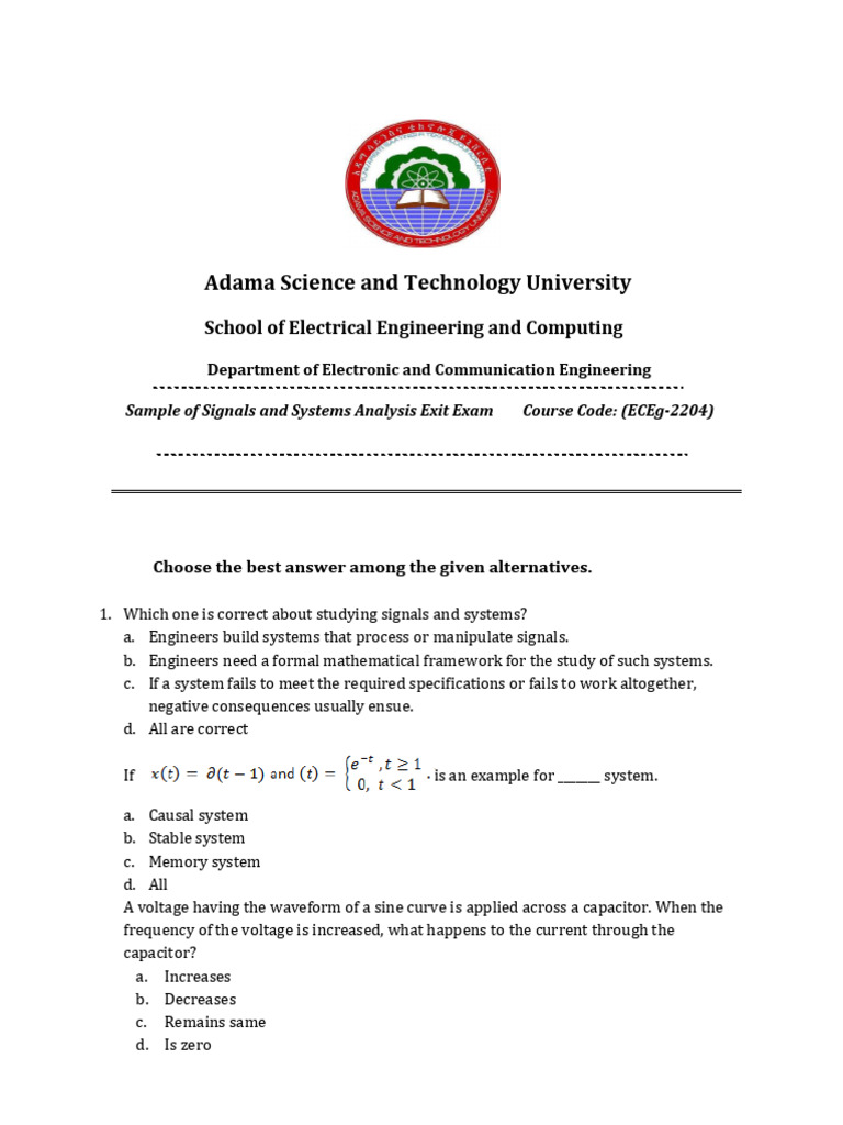 Signals and Systems Exam Questions | PDF | Fourier Transform | Electronics