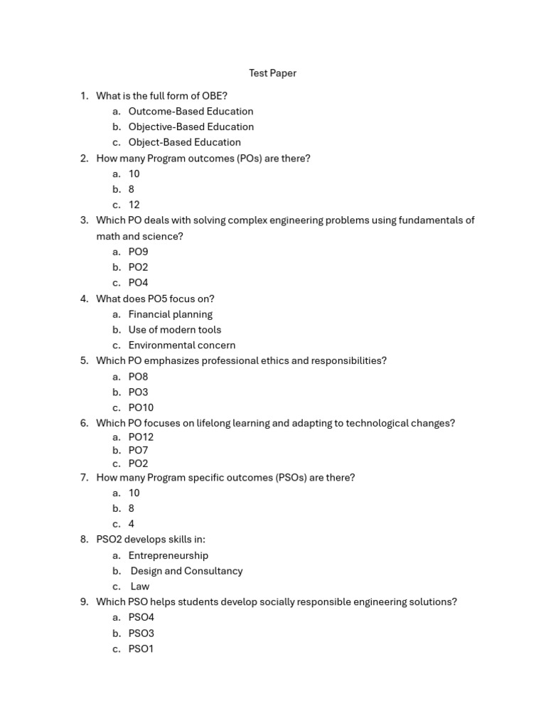 Outcome-Based Education Test Questions | PDF