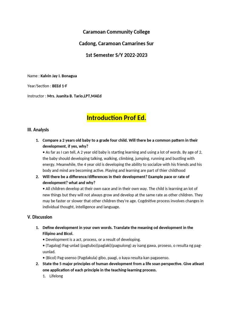 Child Adolescent (Prof Ed. Introduction) Kalvinjay | PDF | Learning ...