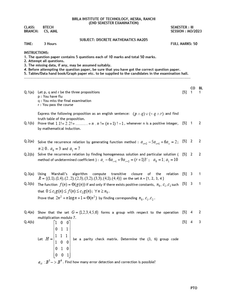 Discrete Mathematics Exam Paper BTech | PDF | Discrete Mathematics ...