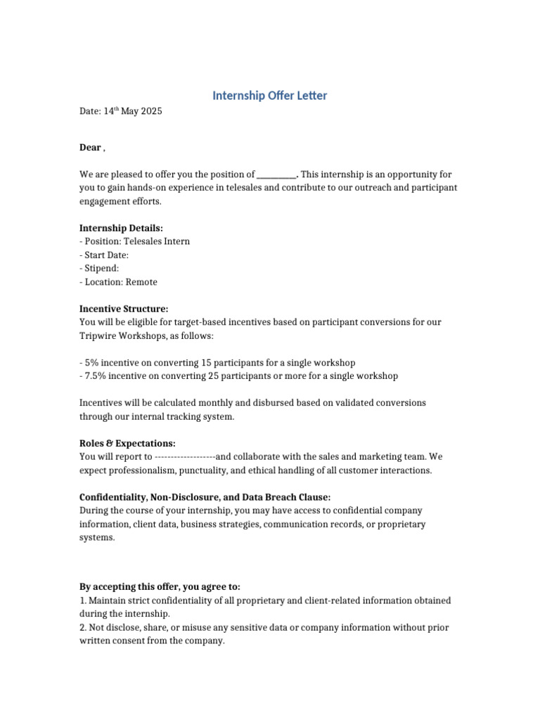 Internship Offer Letter | PDF | Non Disclosure Agreement | Confidentiality