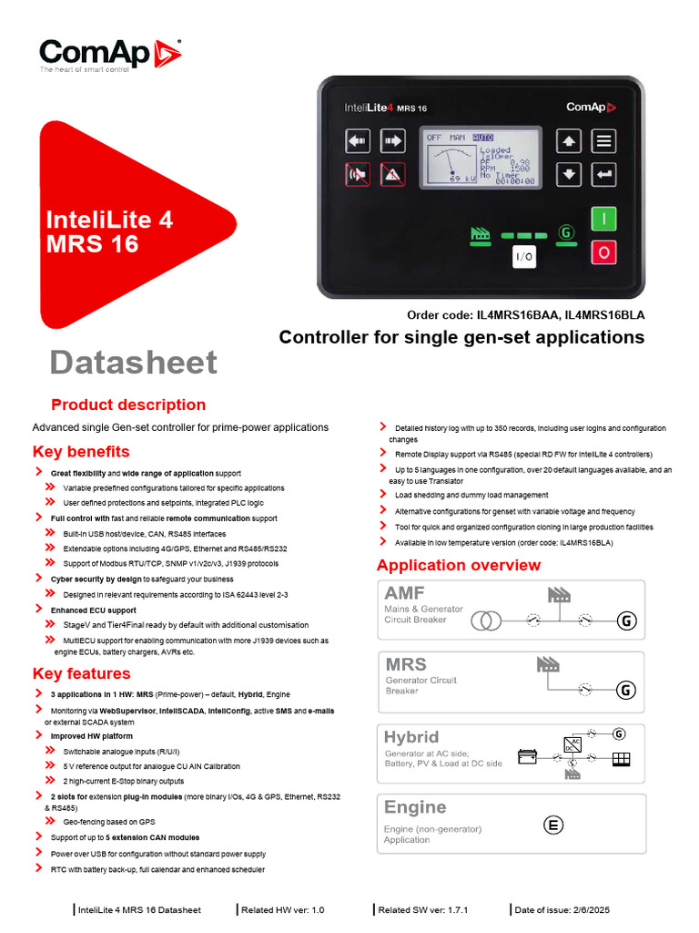 InteliLite 4 MRS 16 Controller Datasheet | PDF | Power Supply ...