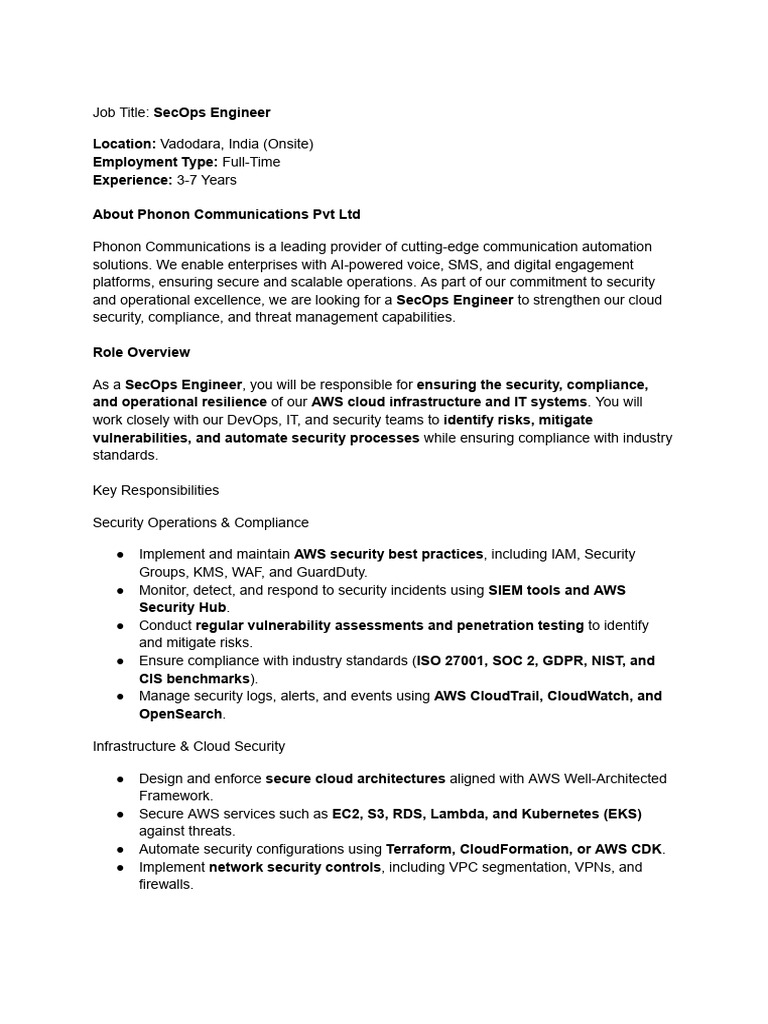 Job Description - SecOps Engineer-1 | PDF | Security | Computer Security