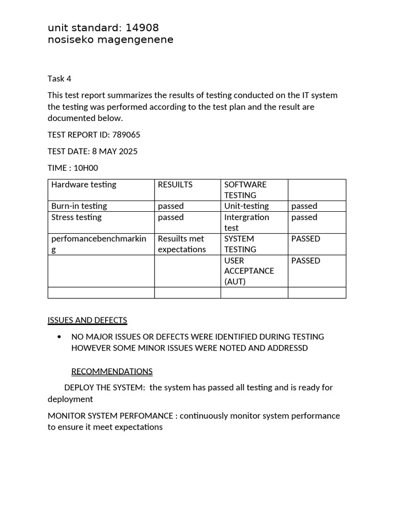 IT System Test Report Summary | PDF