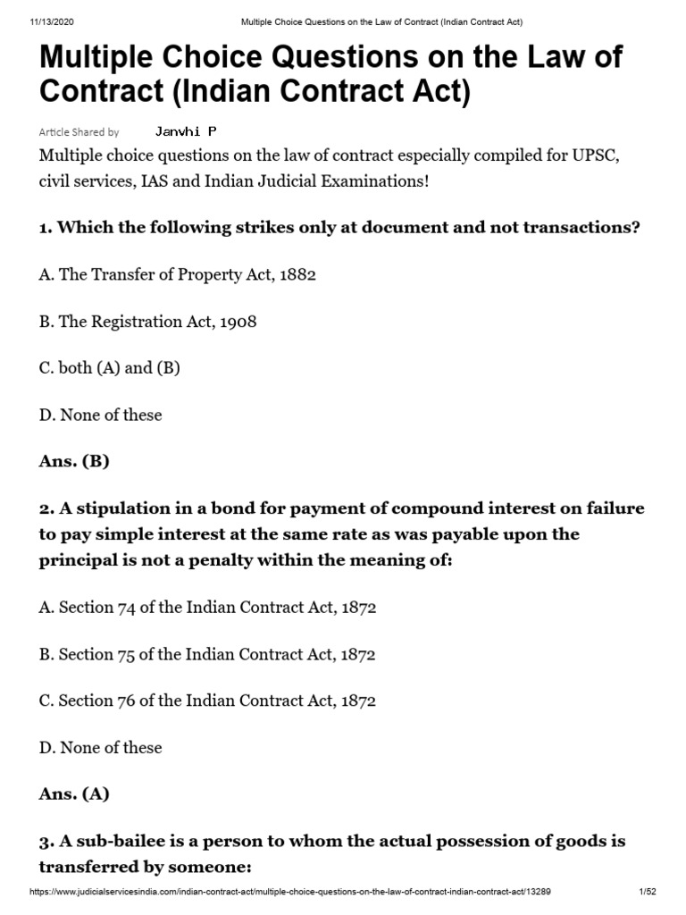 Multiple Choice Questions On The Law of Contract (Indian Contract Act ...