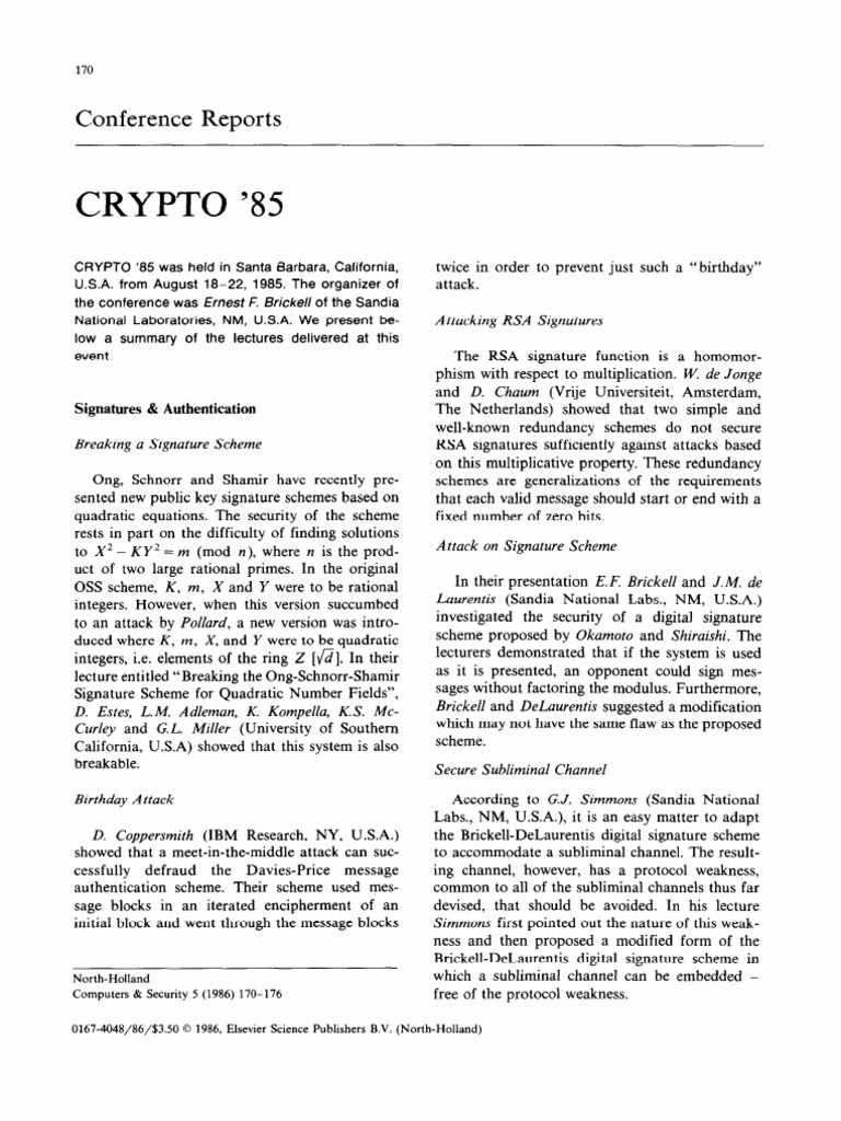 Crypto 85 1986 | PDF | Cryptography | Public Key Cryptography