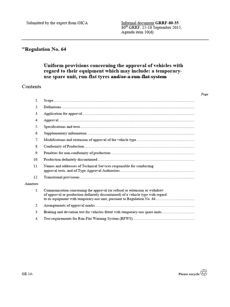 Regulation No. 64: Vehicle Approval Standards | PDF | Tire | Wheel