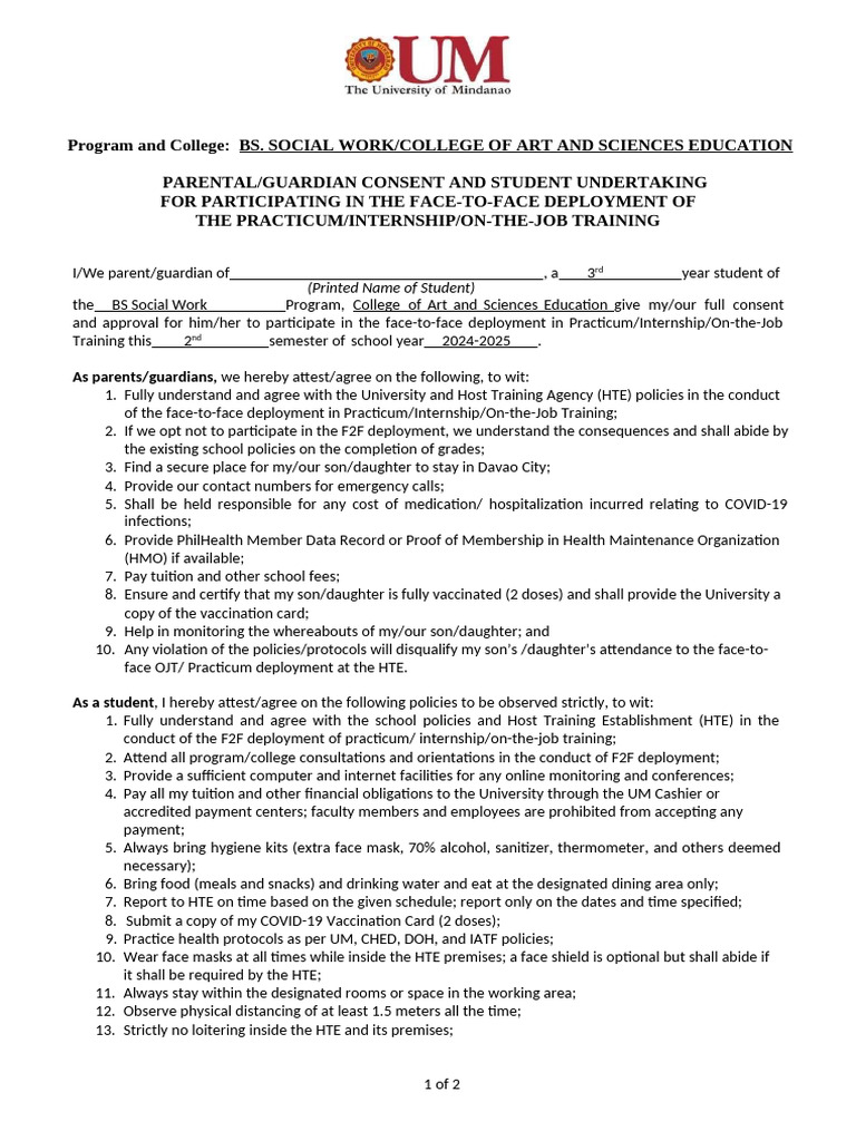 LF2F Parental Consent Student Undertaking OJT | PDF | Pandemic | Epidemics