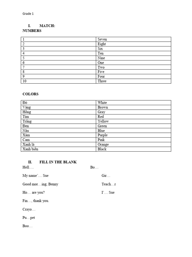 I. Match: Numbers: Grade 1 | PDF