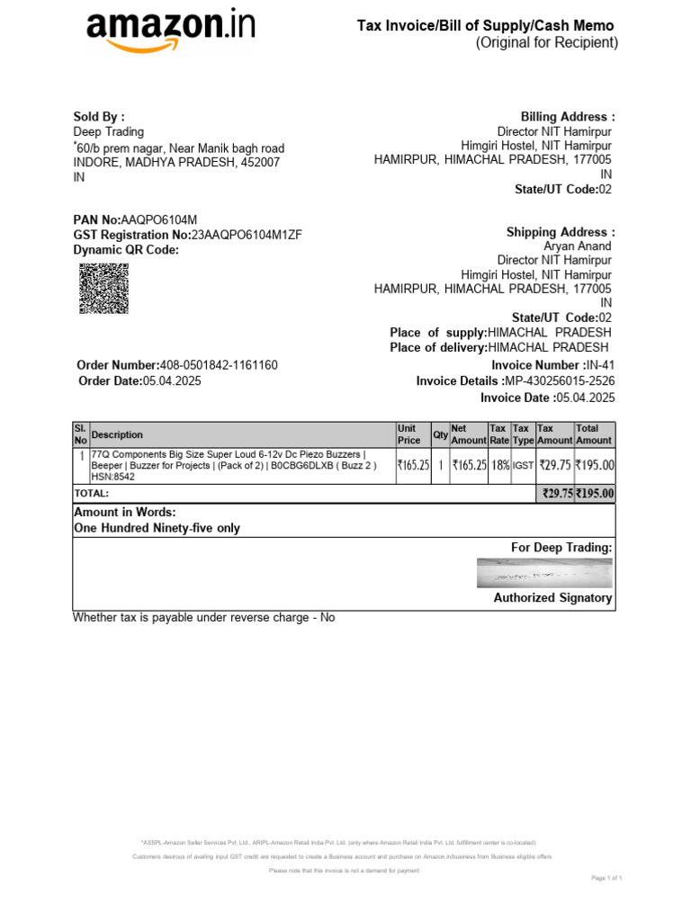 Amazon Invoice for NIT Hamirpur | PDF | Invoice | Taxes