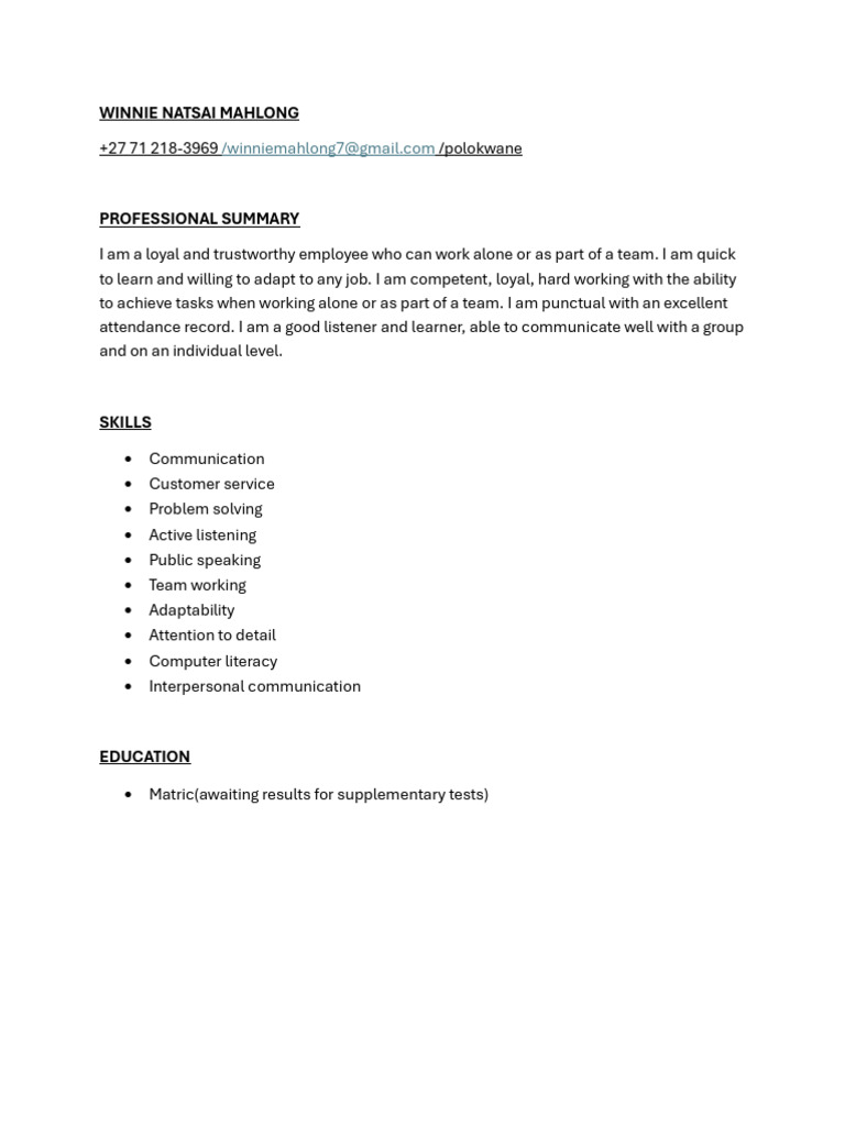 Winnie Mahlong: Professional Summary & Skills | PDF