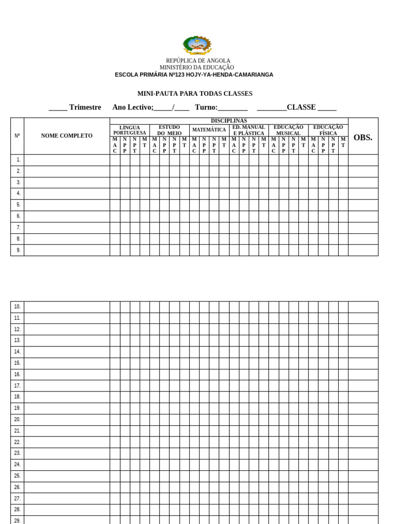 Mini-Pauta Escolar para Classes em Angola | PDF