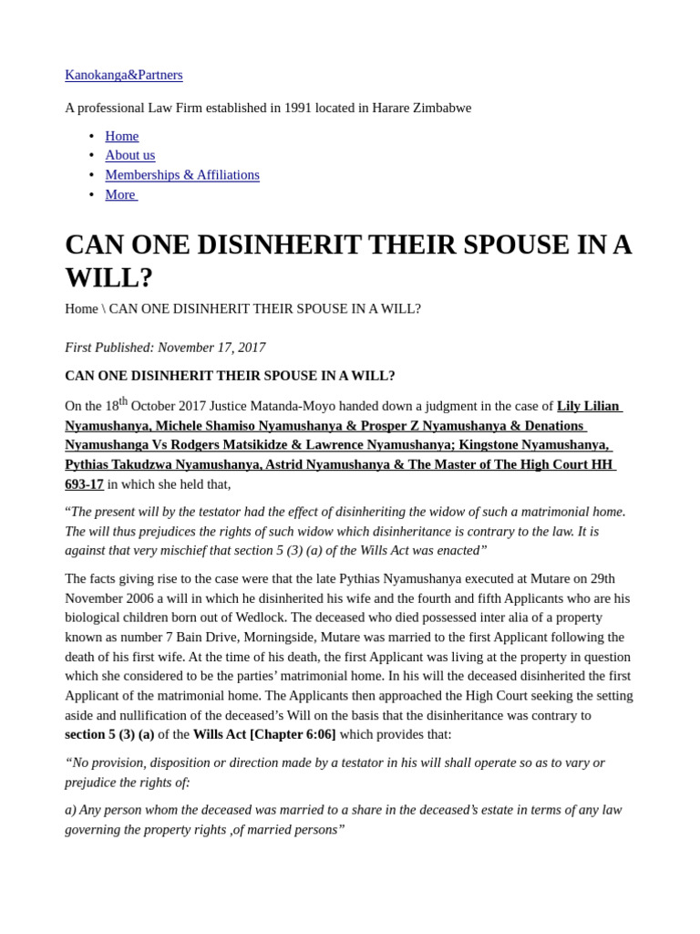 Disinheritance of Spouse in Zimbabwe Wills | PDF | Will And Testament ...