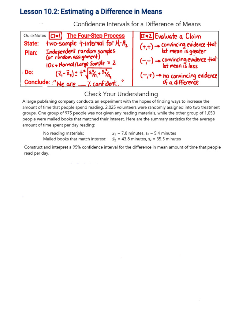 Activity 10.2 - Estimating A Difference in Mea | PDF | Confidence ...