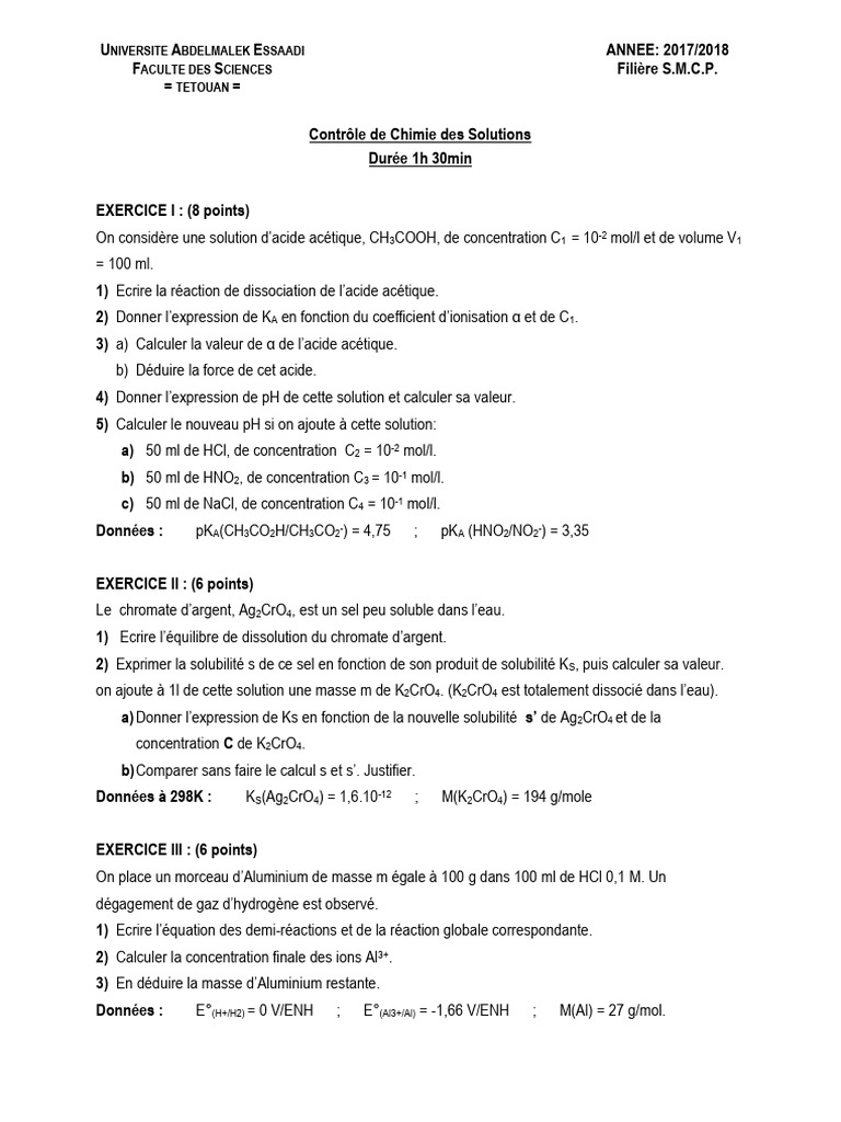 Contrôle de Chimie des Solutions 2018 | PDF | Dissociation (chimie ...