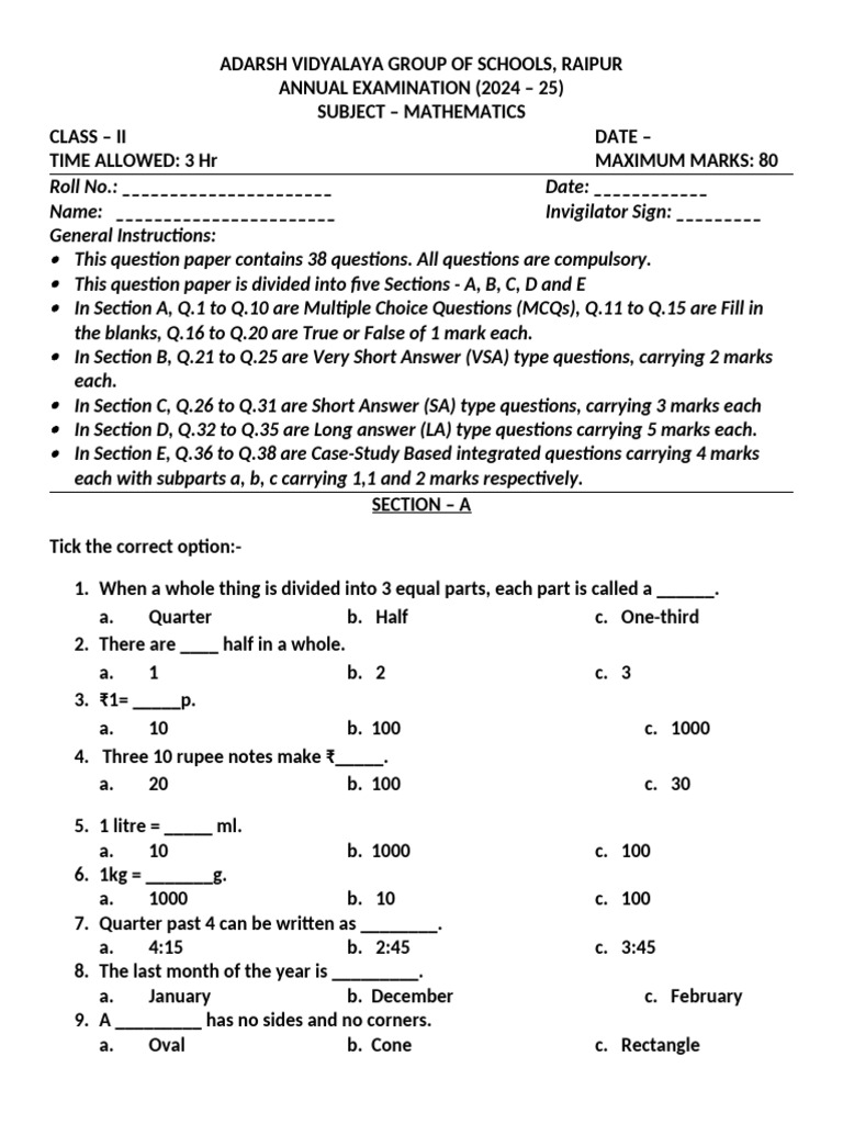 Class II Mathematics Exam Paper 2024-25 | PDF | Multiple Choice | Rupee
