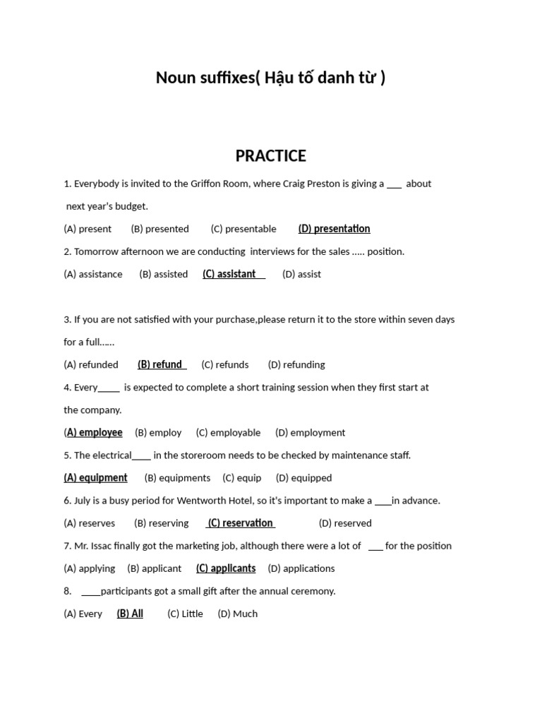 Noun Suffixes and Pronouns Practice | PDF | Employment
