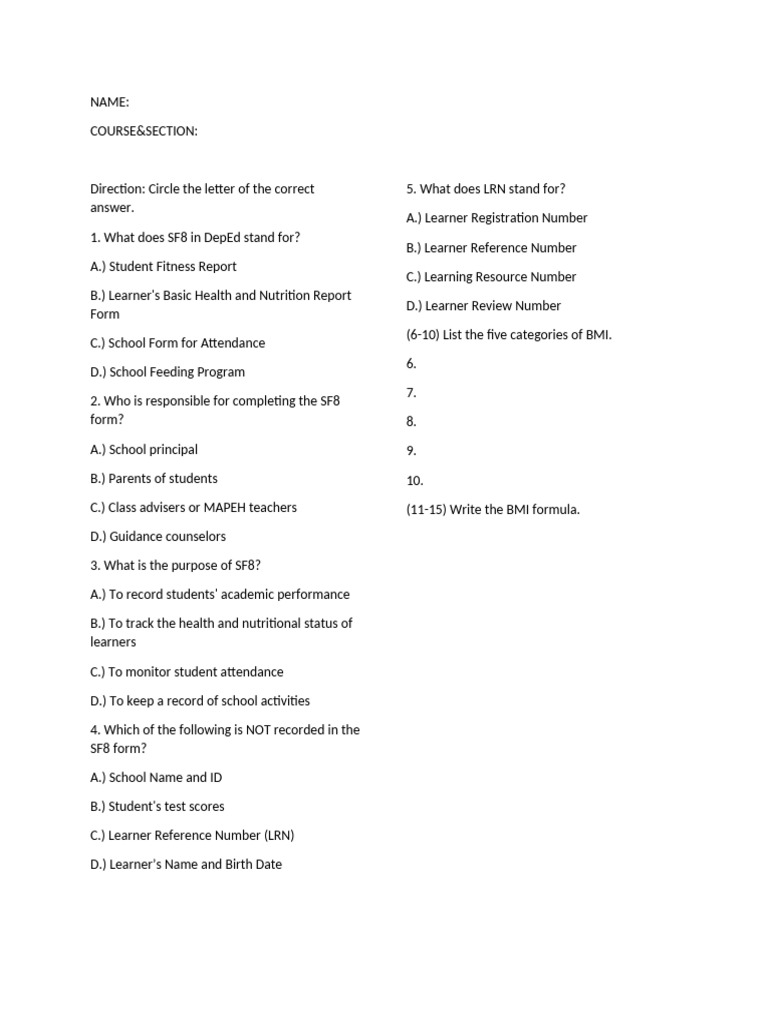 Understanding SF8 and BMI Categories | PDF