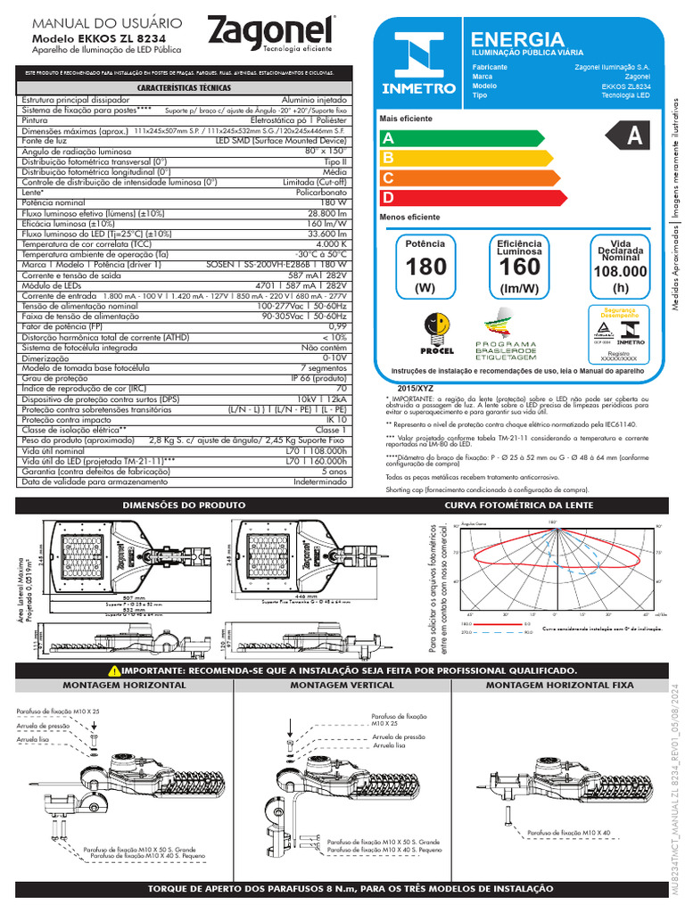 Manual de Instalação Luminária LED EKKOS ZL 8234 | PDF | Diodo emissor ...