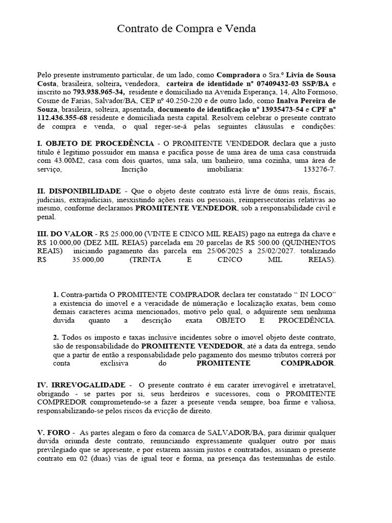 Contrato de Compra e Venda de Imóvel | PDF