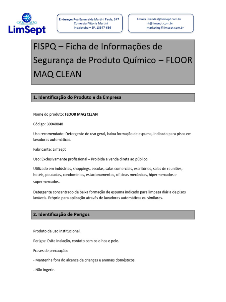 Ficha de Segurança: Detergente FLOOR MAQ CLEAN | PDF | Águas residuais