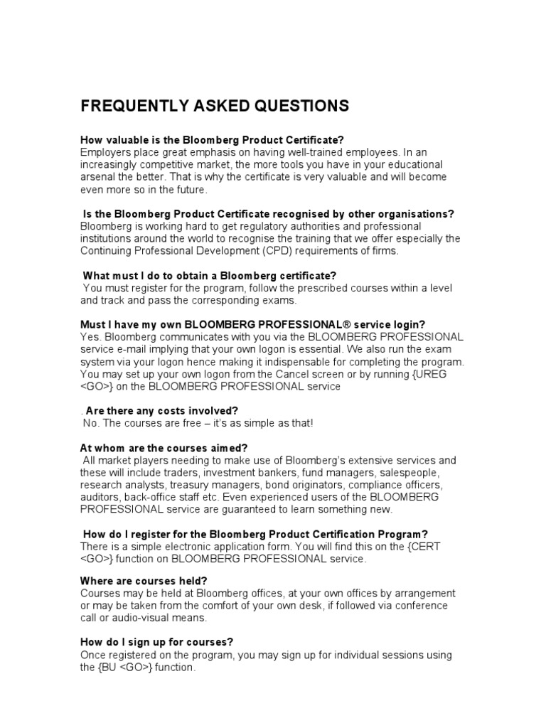 Bloom Berg Faq | PDF | Bloomberg L.P. | Professional Certification