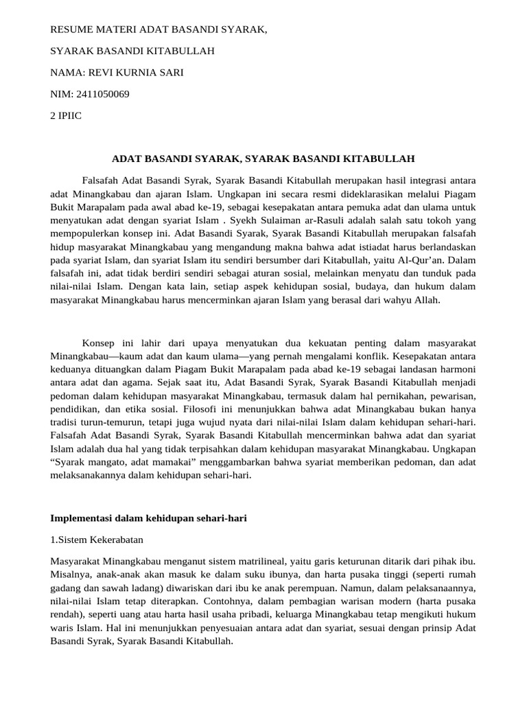 Adat Basandi Syarak: Integrasi Islam dan Budaya Minangkabau | PDF