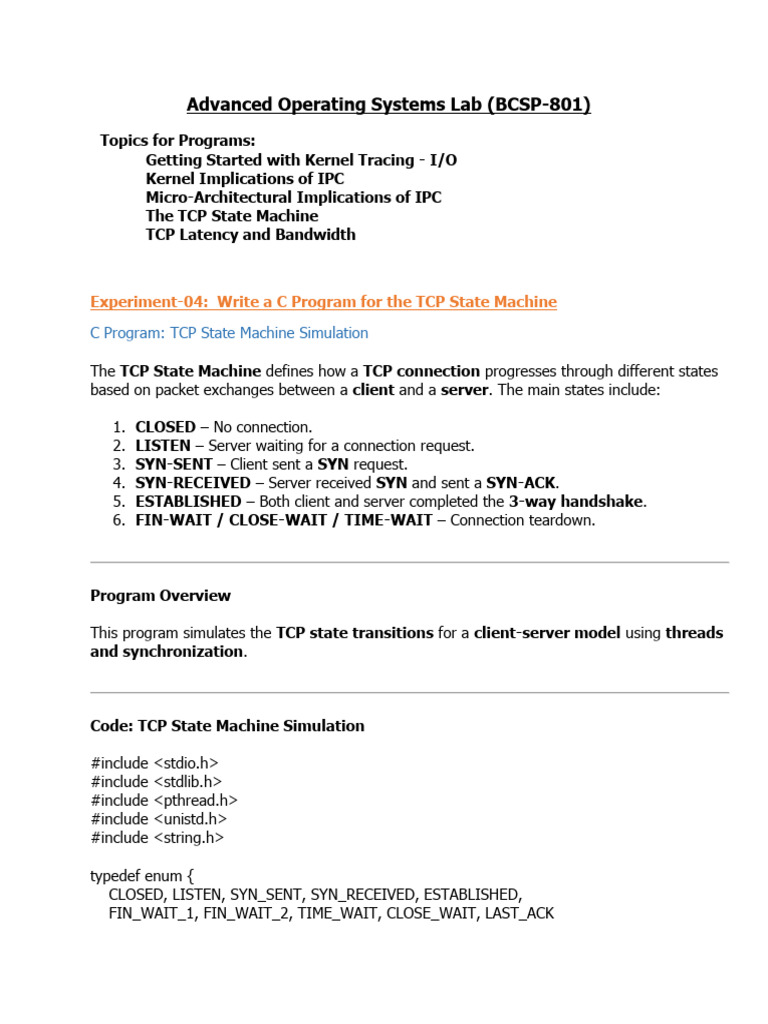 TCP State Machine Simulation in C | PDF | Transmission Control Protocol ...