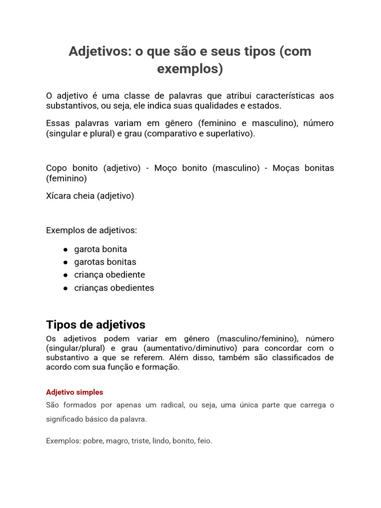 Tipos de Adjetivos e Exemplos Práticos | PDF | Adjetivo | Substantivo