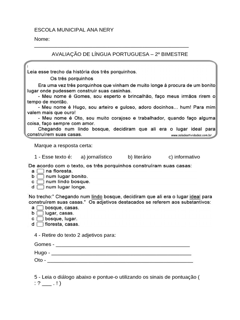 Avaliação de Português - 2º Bimestre | PDF