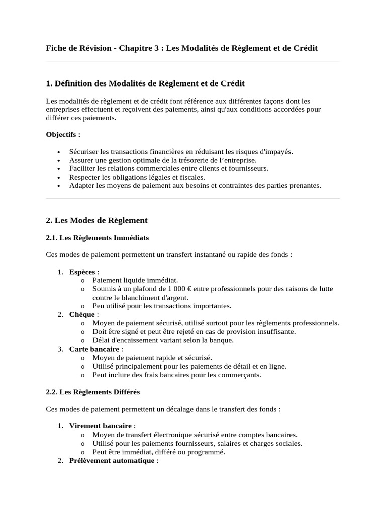 Modalités de Règlement et Crédits en Entreprise | PDF | Effet de ...
