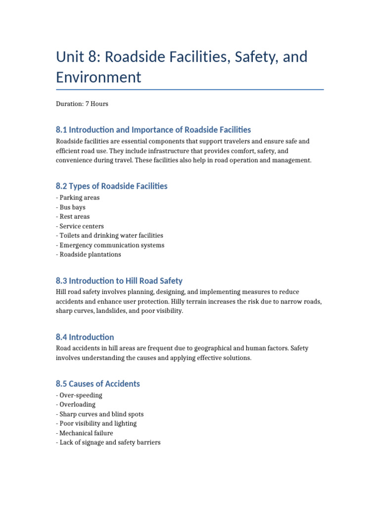 Unit 8 Roadside Facilities Safety Environment | PDF