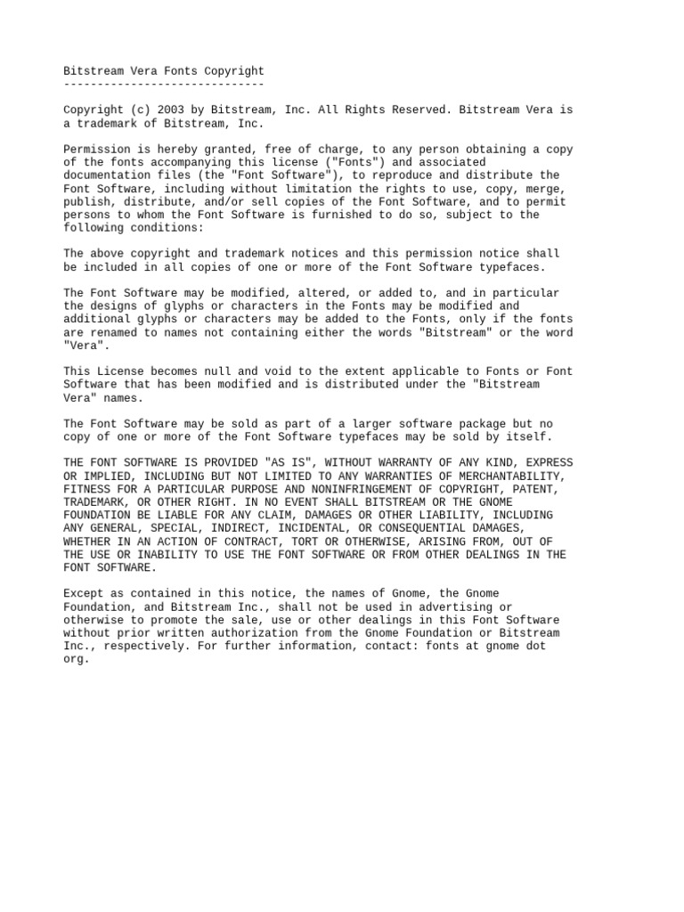 Bitstream Vera Fonts License Agreement | PDF