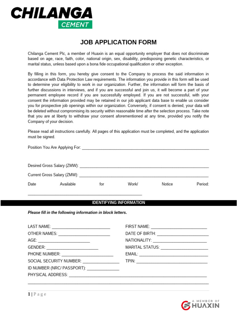 Chilanga Cement Job Application Form | PDF | Salary
