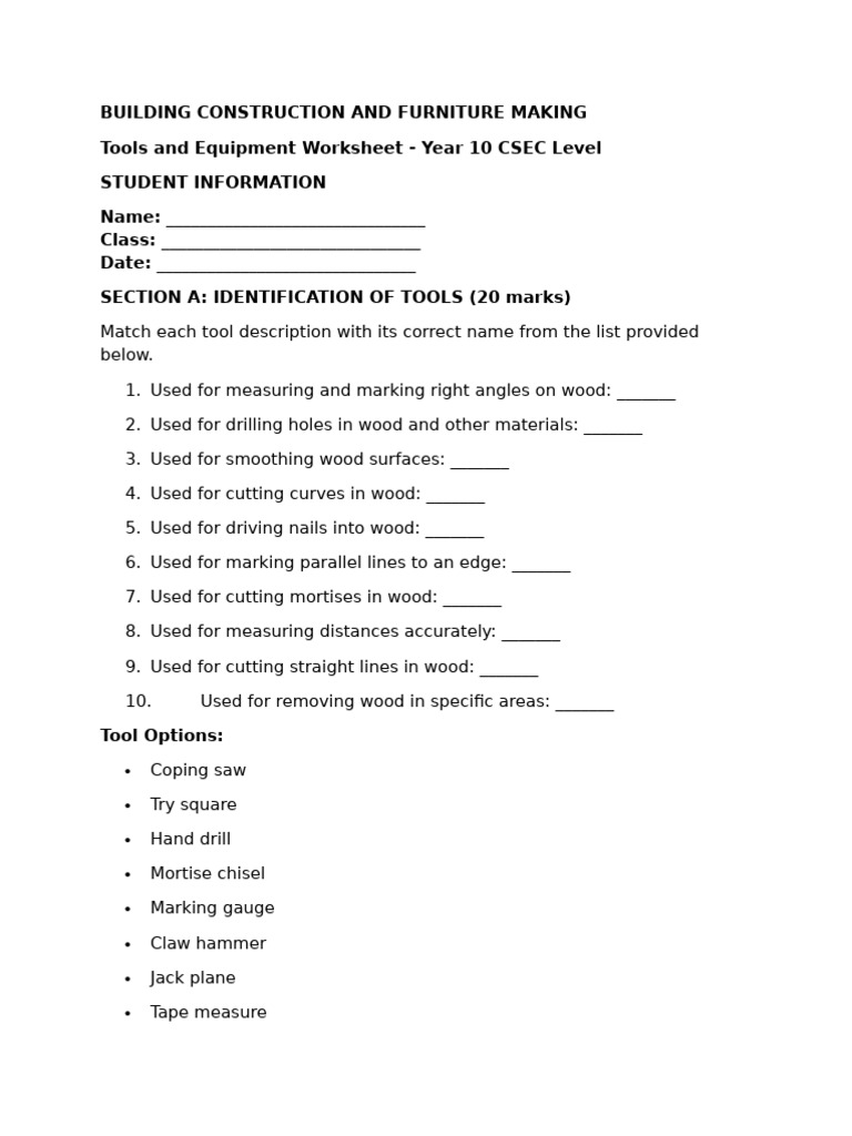 Year 10 Construction Tools Worksheet | PDF | Tools | Woodworking
